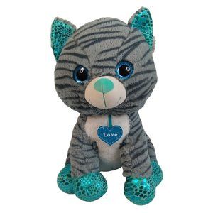Kellytoy Tabby Cat Plush Stuffed Animal Gray Striped Blue Sparkle Love Heart 16"